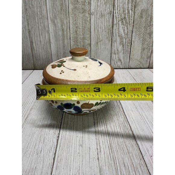 Vintage Mexican Tonala Trinket Dish with Blue Floral Accents 4" Diameter 3" Tall - Picture 14 of 14